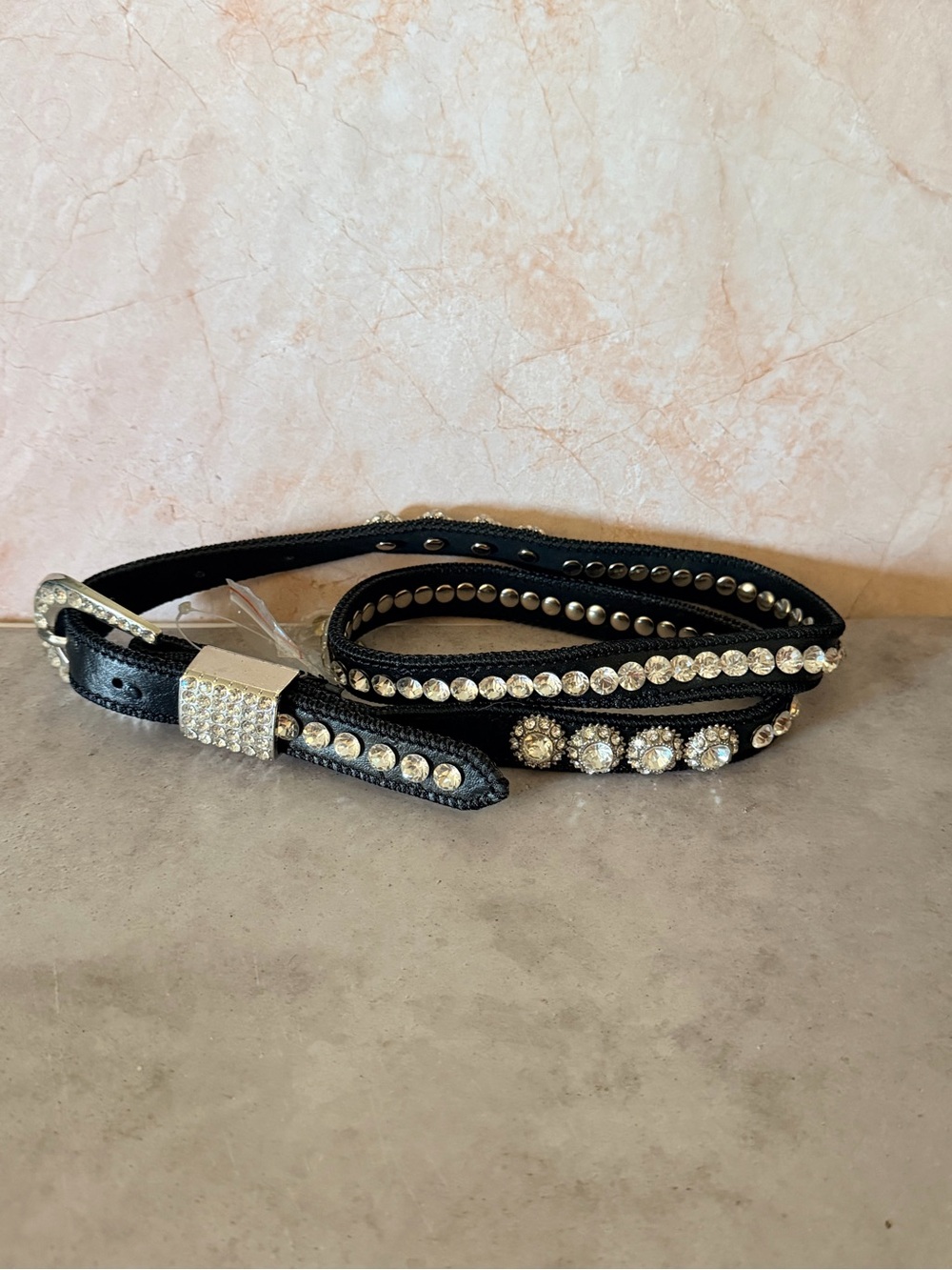 Western Cowgirl Black Belt Leather Decorated Rhinestones  sz S/M